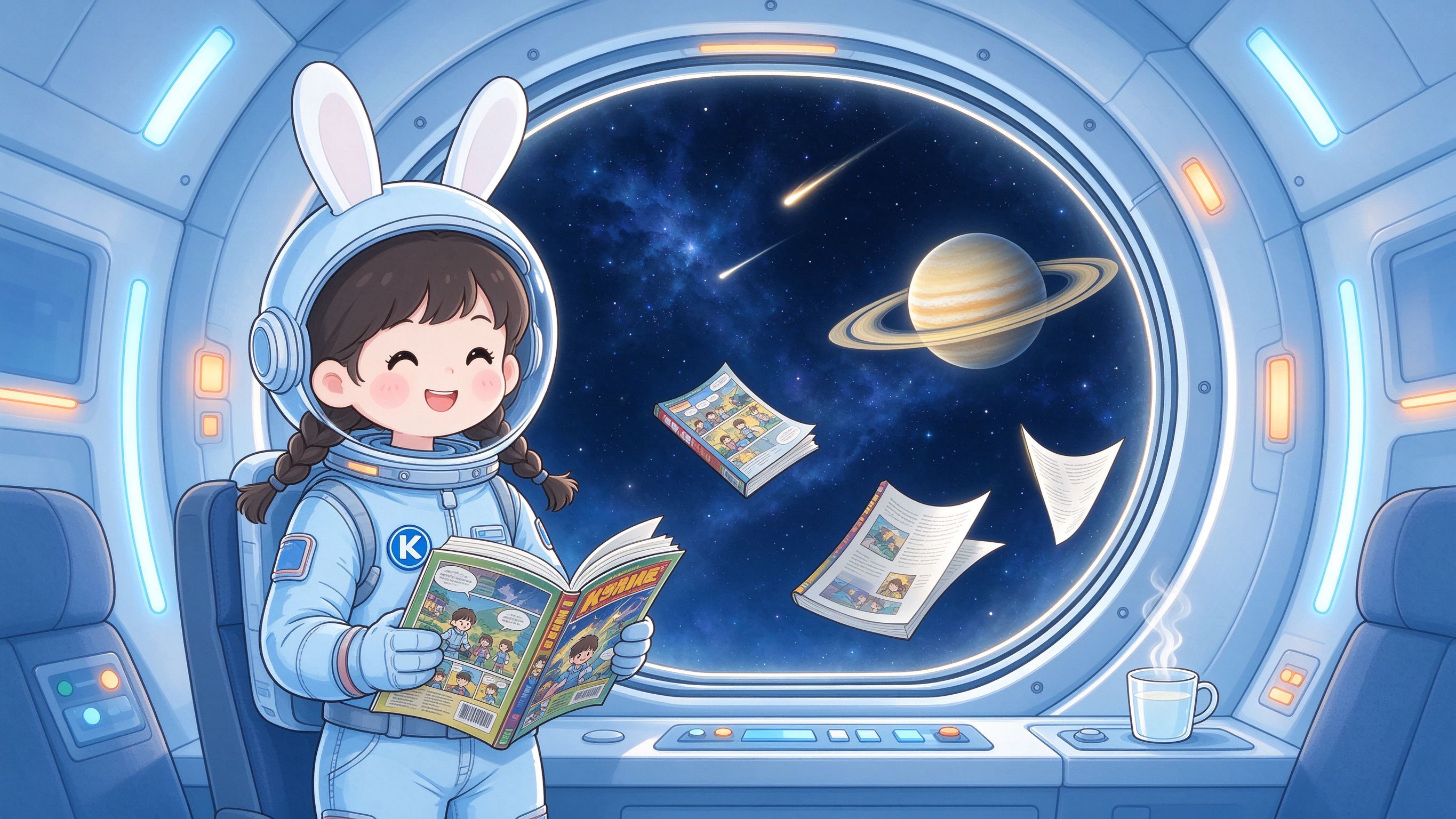 KC漫画主视觉：太空阅读舱里的兔耳宇航员女孩